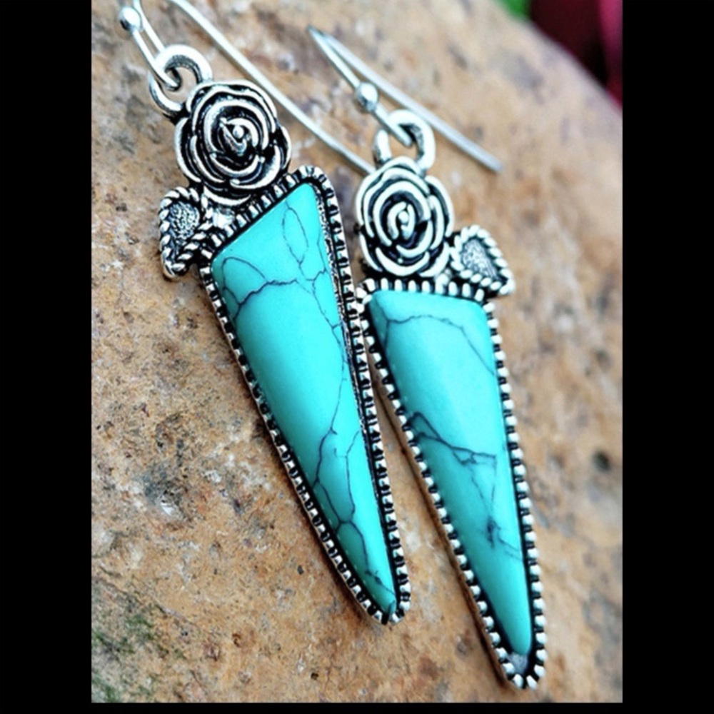 Vintage Rose Turquoise Dangle Earrings Western